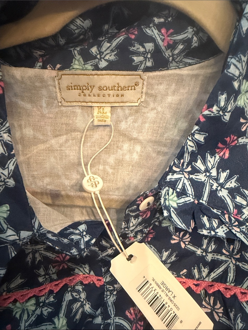 NWT Simply Southern Navy Blue Floral Tiered Button-Up Mini Dress with Pink Trim - Picture 4 of 5